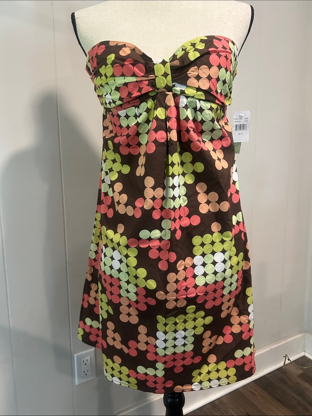 Johnny Martin Strapless Dot-Print Sundress in Brown, Pink & Green Vintage
